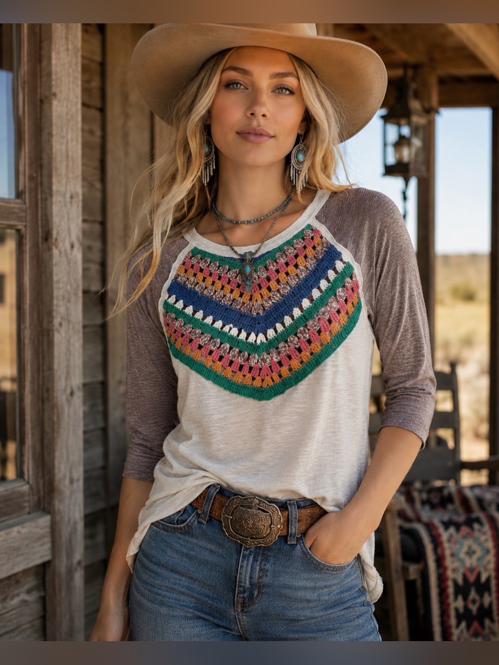 Free People 🔥 We The Free Crochet Yoke Boho Raglan Top